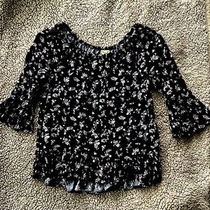 Black Floral Flounce Sleeve Blouse